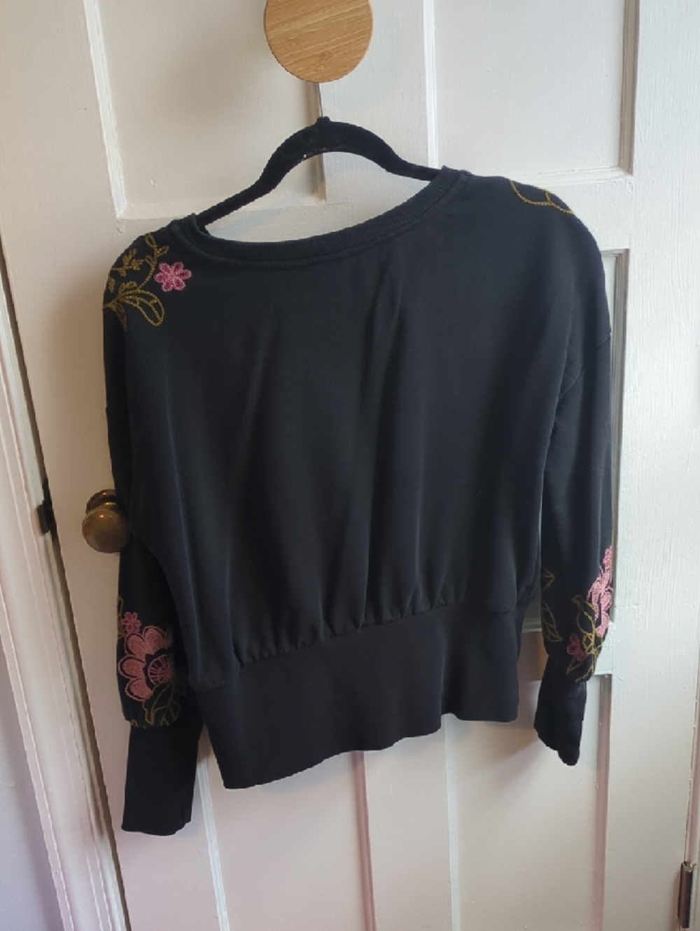 Anthropologie Black Pullover Sweatshirt with Pink & Gold Floral Embroidery - Picture 7 of 7